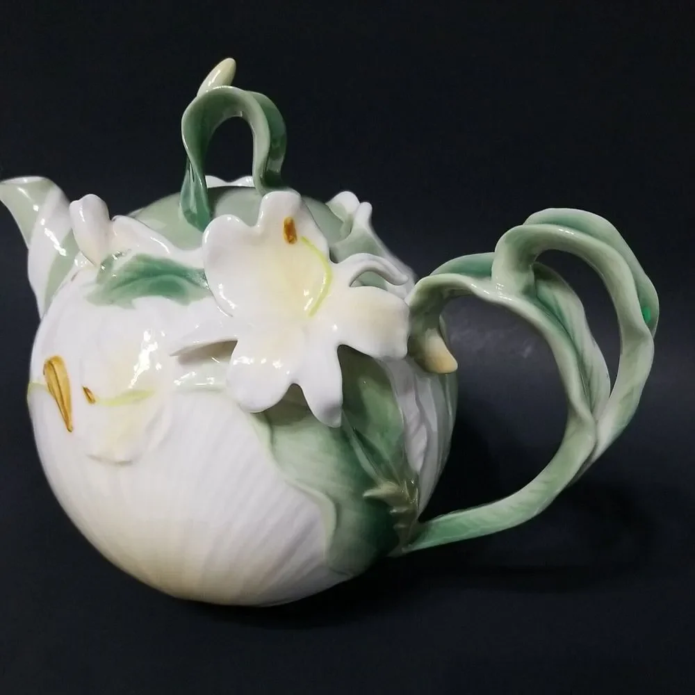 Pier 1 Imports Ginger Lily Teapot Floral Whimsical White‎ Porcelain Hand Painted